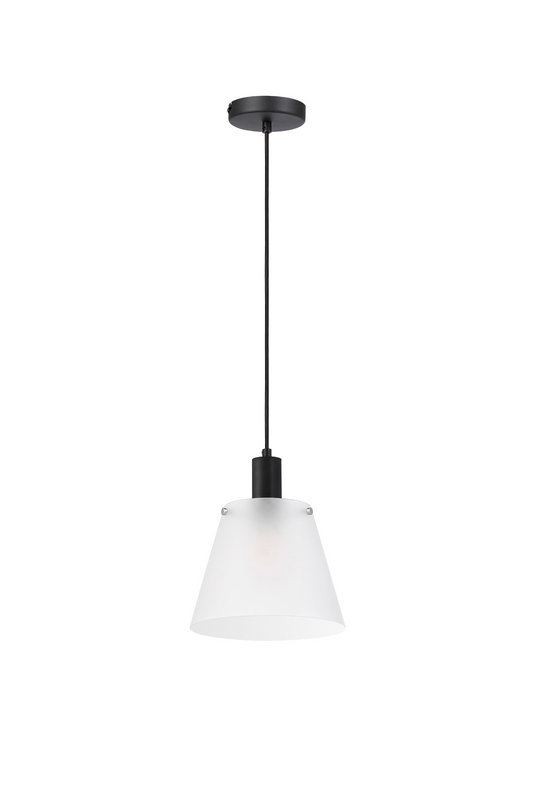 C-Lighting Hektor Single Pendant With 23cm x 18cm Shade, 1 Light E27, Sand Black/Frosted White Glass Shade  - 60869
