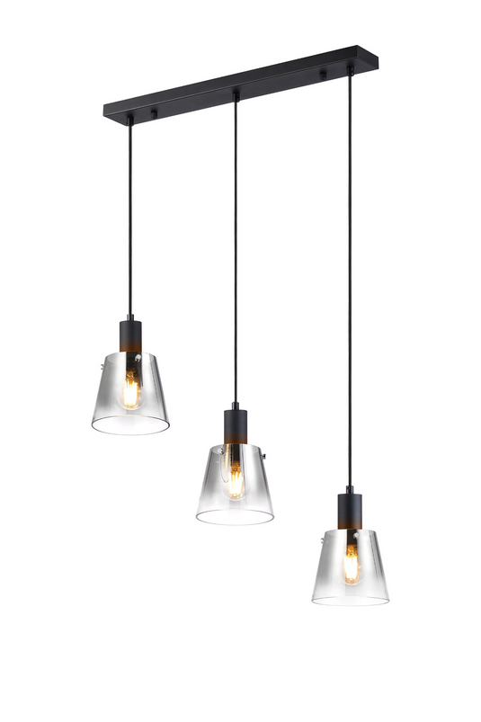 C-Lighting Hektor Linear Pendant With 16cm x 14cm Shade, 3 Light E27, Sand Black/Smoke Faded Glass Shade - 60879