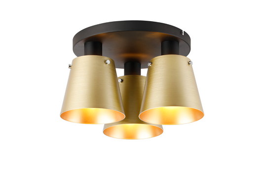 C-Lighting Hektor Round Ceiling Light With 16cm x 14cm Shade, 3 Light E27, Sand Black/Brass/Gold Metal Shade   - 60853