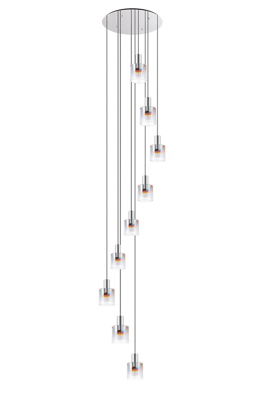 C-Lighting Bridge Round Pendant, 9 Light E27, Polished Nickel/Black/Iridescent Fade Glass Item Weight: 20.3kg - 61046