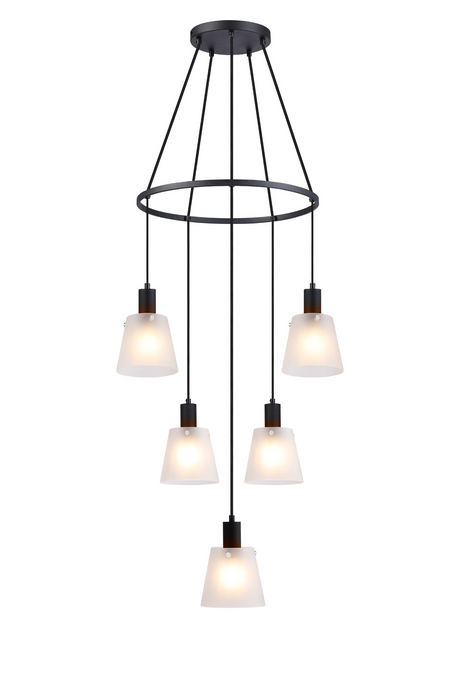 C-Lighting Hektor Ring Pendant With 16cm x 14cm Shade, 5 Light E27, Sand Black/Frosted White Glass Shade - 60914