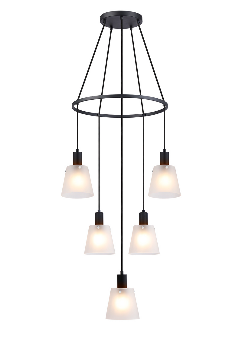 Load image into Gallery viewer, C-Lighting Hektor Ring Pendant With 16cm x 14cm Shade, 5 Light E27, Sand Black/Frosted White Glass Shade - 60914
