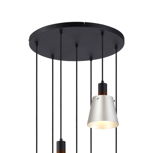 C-Lighting Hektor Round Pendant With 16cm x 14cm Shade, 7 Light E27, Sand Black/Light Grey/Silver Metal Shade - 60901