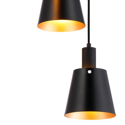 C-Lighting Hektor Round Pendant With 16cm x 14cm Shade, 3 Light E27, Sand Black/Black/Gold Metal Shade - 60886