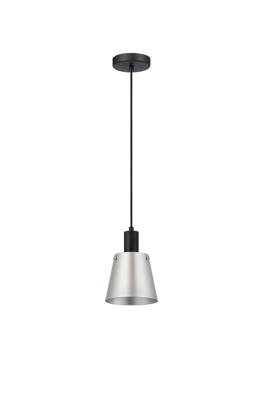 C-Lighting Hektor Single Pendant With 16cm x 14cm Shade, 1 Light E27, Sand Black/Light Grey/Silver Metal Shade - 60865