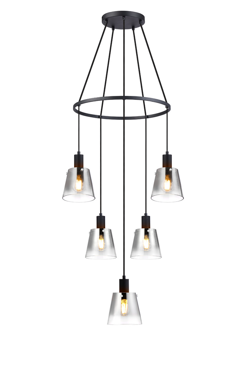 Load image into Gallery viewer, C-Lighting Hektor Ring Pendant With 16cm x 14cm Shade, 5 Light E27, Sand Black/Smoke Faded Glass Shade - 60915
