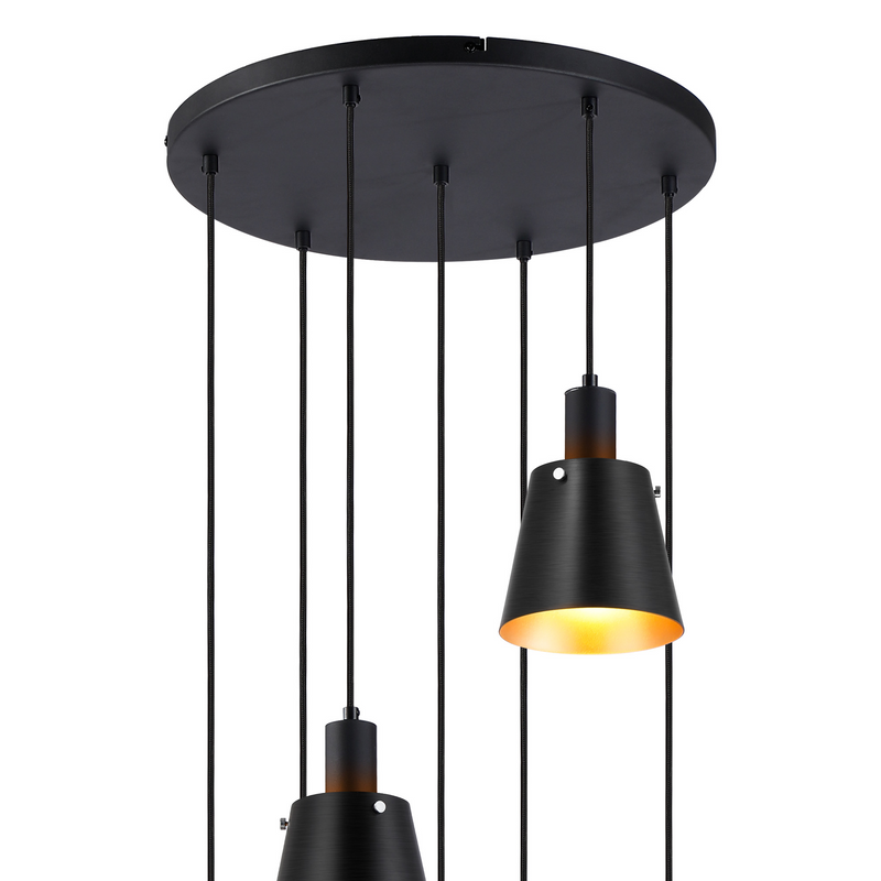 Load image into Gallery viewer, C-Lighting Hektor Round Pendant With 16cm x 14cm Shade, 7 Light E27, Sand Black/Black/Gold Metal Shade - 60898
