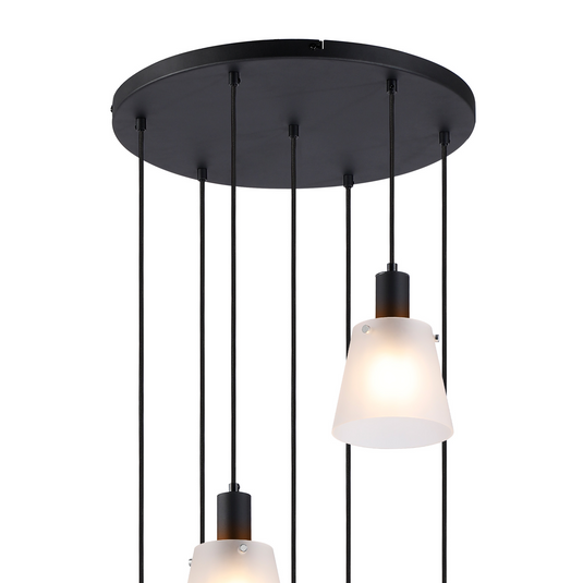 C-Lighting Hektor Round Pendant With 16cm x 14cm Shade, 7 Light E27, Sand Black/Frosted White Glass Shade - 60902