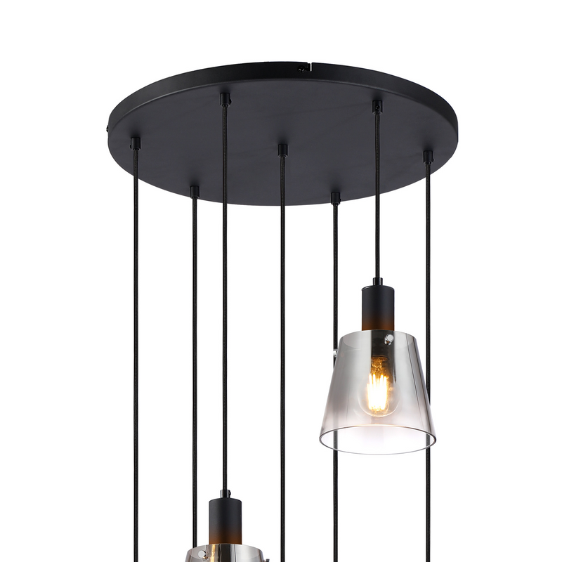 Load image into Gallery viewer, C-Lighting Hektor Round Pendant With 16cm x 14cm Shade, 7 Light E27, Sand Black/Smoke Faded Glass Shade - 60903

