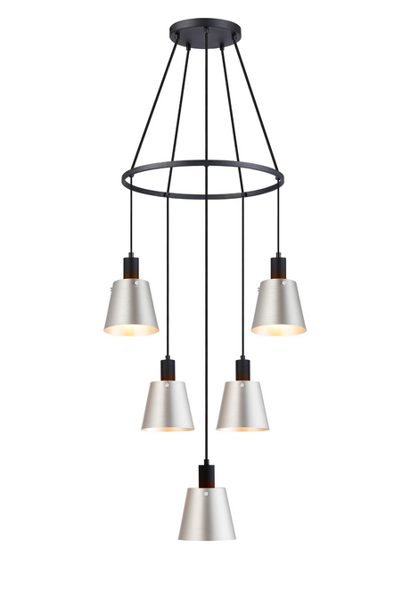 C-Lighting Hektor Ring Pendant With 16cm x 14cm Shade, 5 Light E27, Sand Black/Light Grey/Silver Metal Shade - 60913