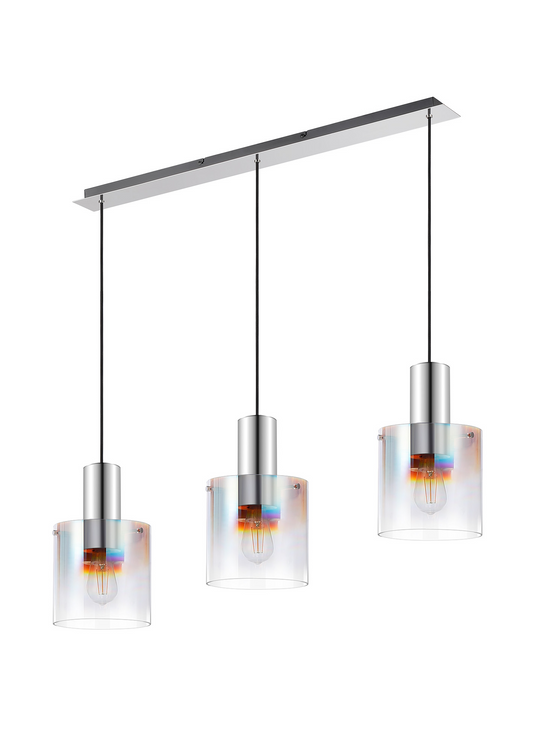 C-Lighting Bridge Linear Pendant, 3 Light Adjustable E27, Polished Nickel/Black/Iridescent Fade Glass - 61014