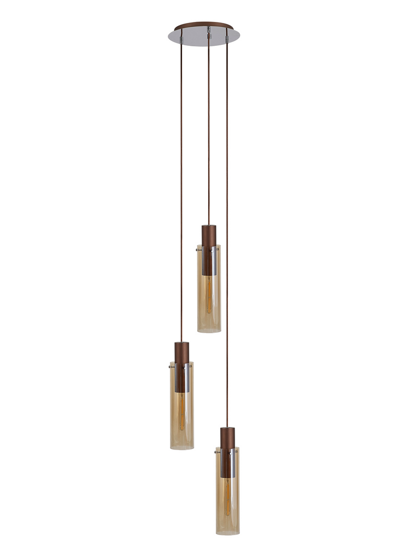 Load image into Gallery viewer, C-Lighting Bridge Slim Round Pendant, 3 Light Adjustable E27, Mocha / Amber Glass - 42733
