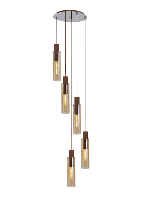 C-Lighting Bridge Slim Round Pendant, 5 Light Adjustable E27, Mocha / Amber Glass - 42734