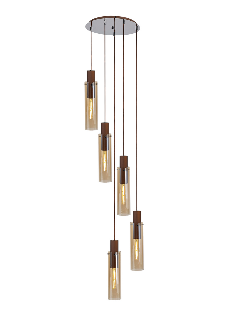 Load image into Gallery viewer, C-Lighting Bridge Slim Round Pendant, 5 Light Adjustable E27, Mocha / Amber Glass - 42734
