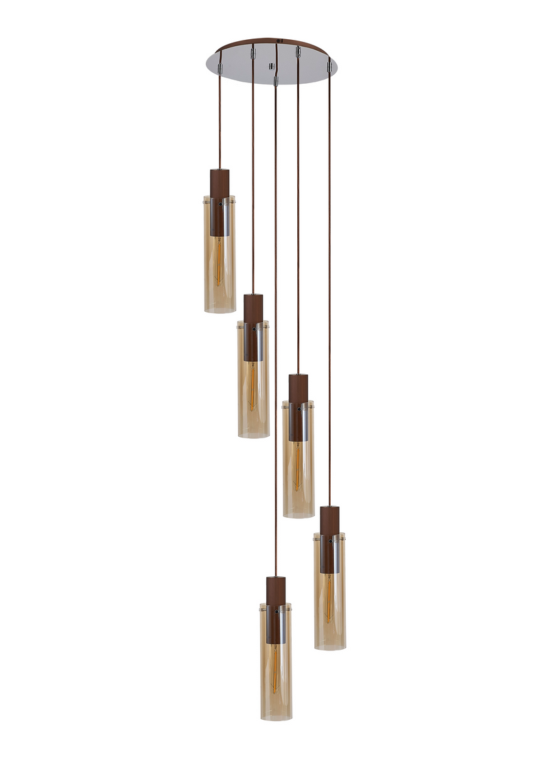 Load image into Gallery viewer, C-Lighting Bridge Slim Round Pendant, 5 Light Adjustable E27, Mocha / Amber Glass - 42734
