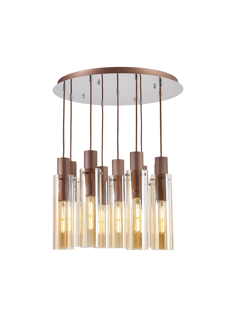 Load image into Gallery viewer, C-Lighting Bridge Slim Round Pendant, 9 Light Adjustable E27, Mocha / Amber Glass - 42735
