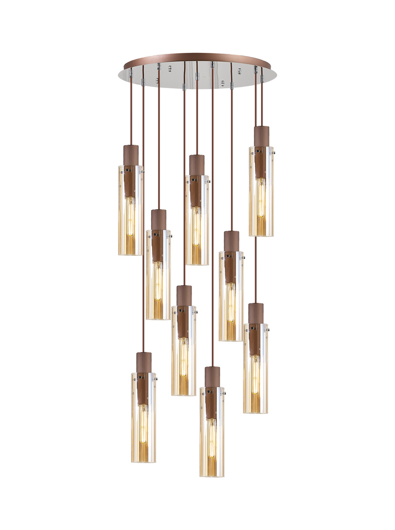 Load image into Gallery viewer, C-Lighting Bridge Slim Round Pendant, 9 Light Adjustable E27, Mocha / Amber Glass - 42735
