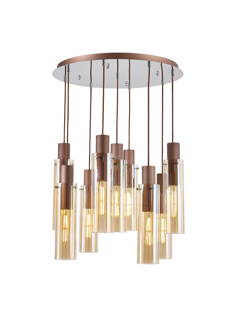 Load image into Gallery viewer, C-Lighting Bridge Slim Round Pendant, 9 Light Adjustable E27, Mocha / Amber Glass - 42735
