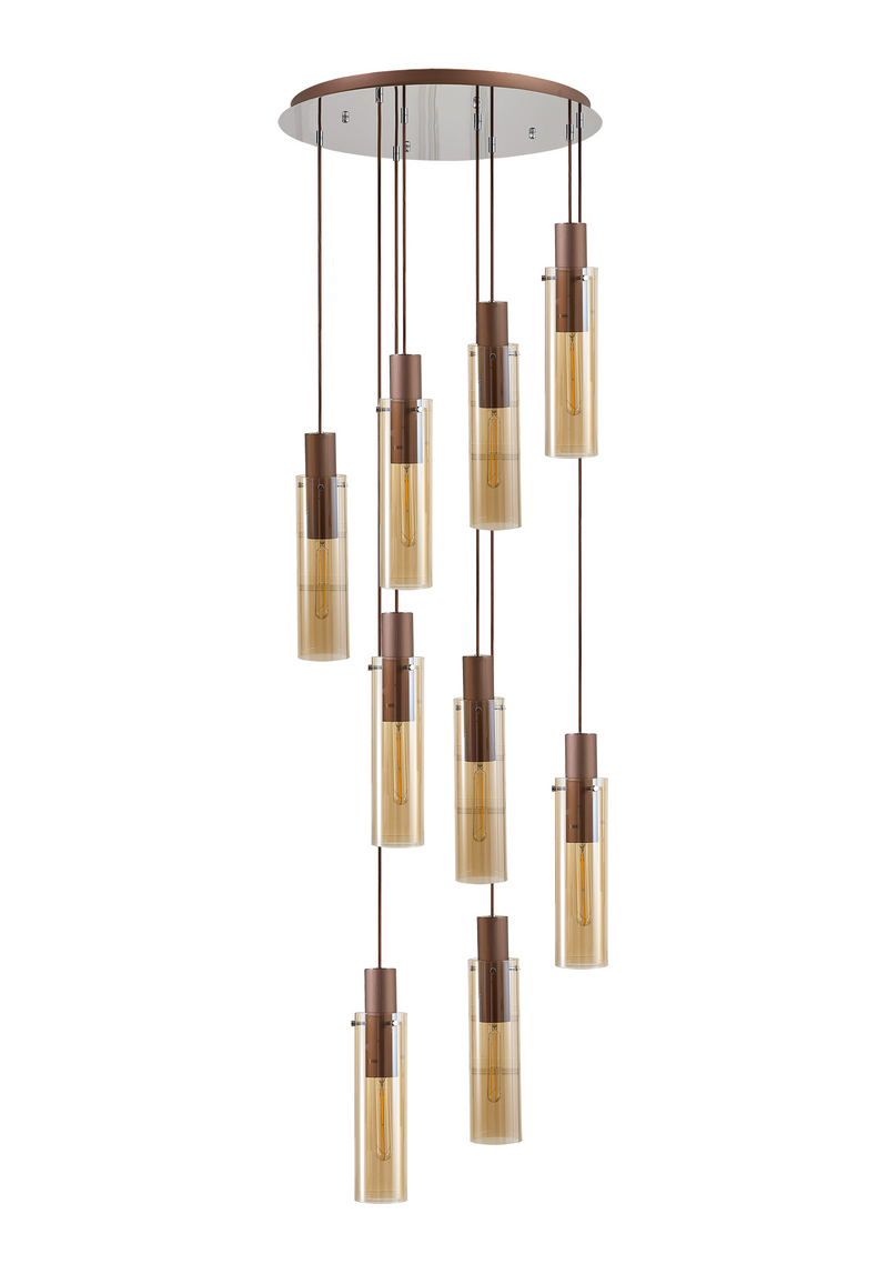 Load image into Gallery viewer, C-Lighting Bridge Slim Round Pendant, 9 Light Adjustable E27, Mocha / Amber Glass - 42735
