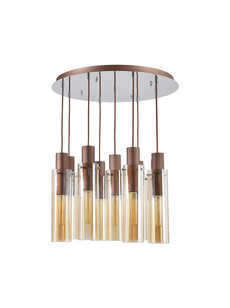 Load image into Gallery viewer, C-Lighting Bridge Slim Round Pendant, 9 Light Adjustable E27, Mocha / Amber Glass - 42735
