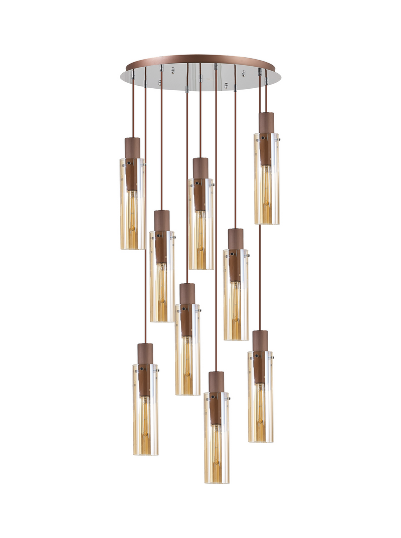 Load image into Gallery viewer, C-Lighting Bridge Slim Round Pendant, 9 Light Adjustable E27, Mocha / Amber Glass - 42735
