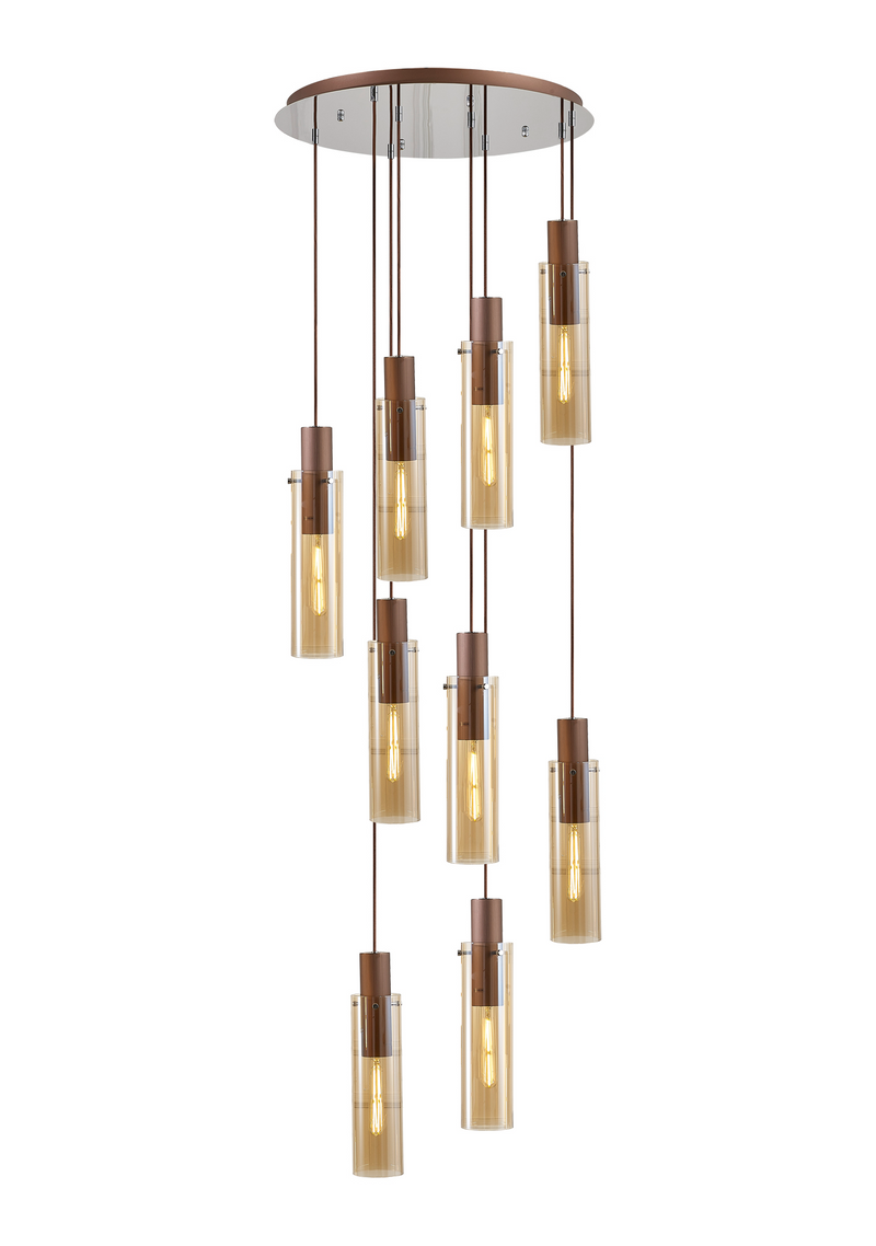 Load image into Gallery viewer, C-Lighting Bridge Slim Round Pendant, 9 Light Adjustable E27, Mocha / Amber Glass - 42735
