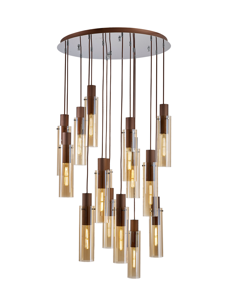 Load image into Gallery viewer, C-Lighting Bridge Slim Round Pendant, 15 Light Adjustable E27, Mocha / Amber Glass - 42736
