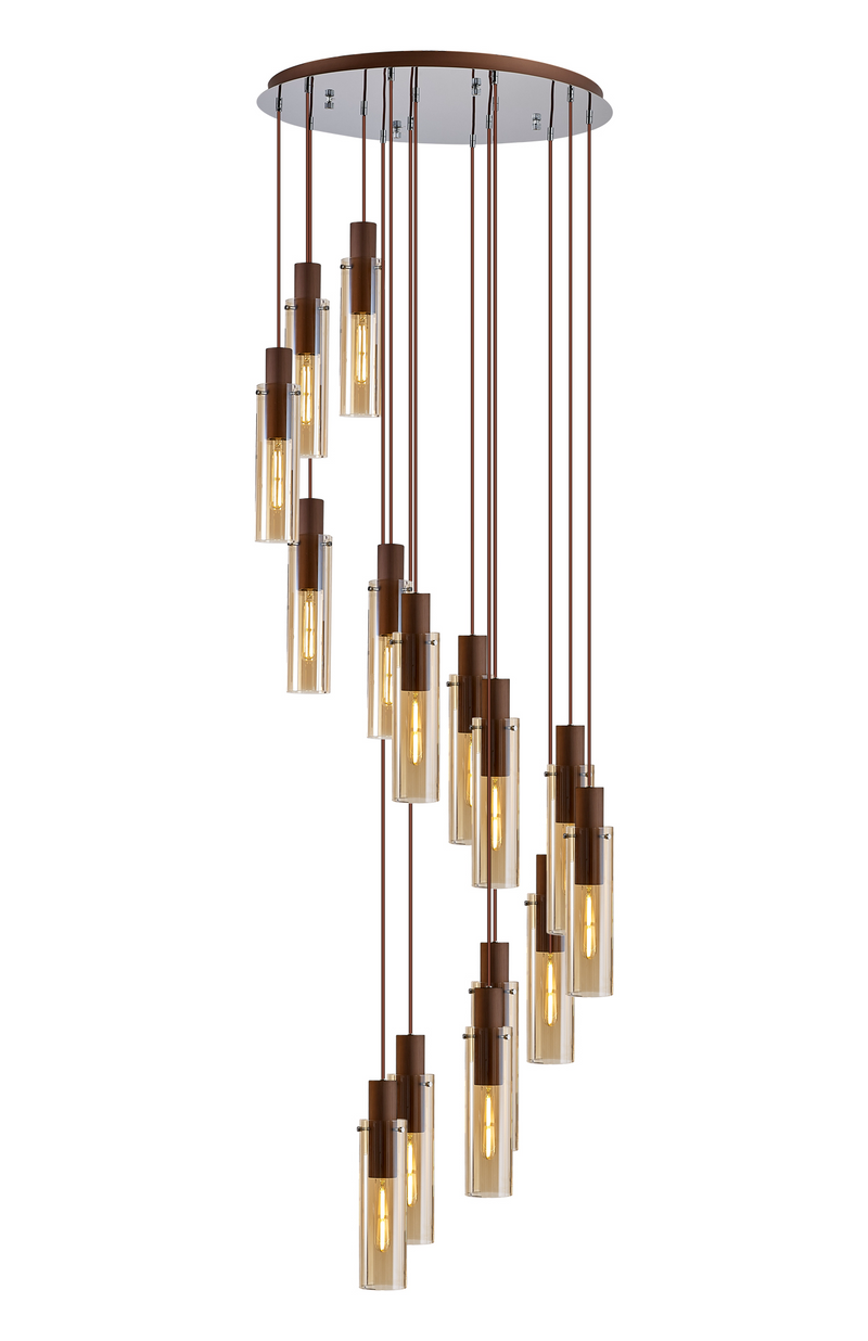 Load image into Gallery viewer, C-Lighting Bridge Slim Round Pendant, 15 Light Adjustable E27, Mocha / Amber Glass - 42736
