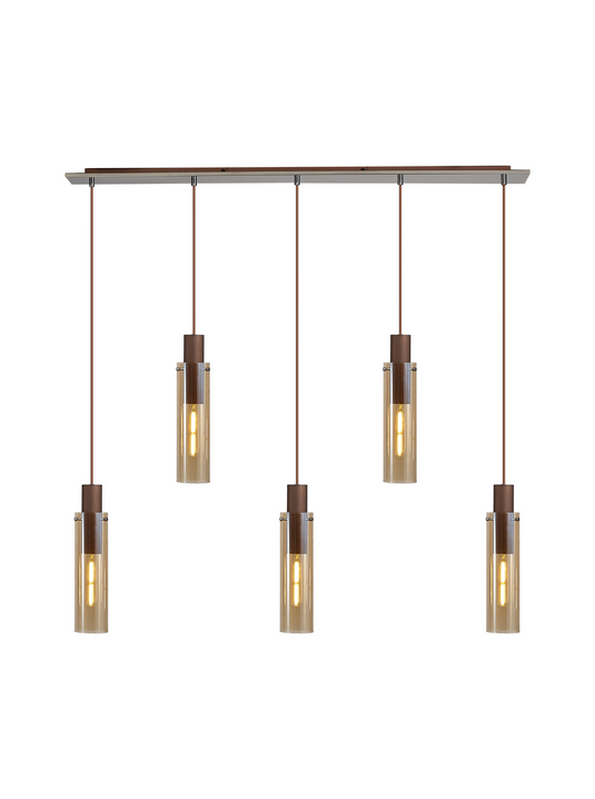 C-Lighting Bridge Slim Linear Pendant, 5 Light Adjustable E27, Mocha / Amber Glass - 42739