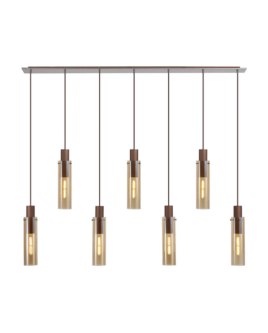 C-Lighting Bridge Slim Linear Pendant, 7 Light Adjustable E27, Mocha / Amber Glass - 42740