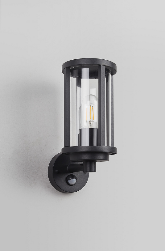 C-Lighting Zande Cylinder Wall Lamp With PIR Sensor, 1 x E27, IP44, Matt Black/Clear - 59745