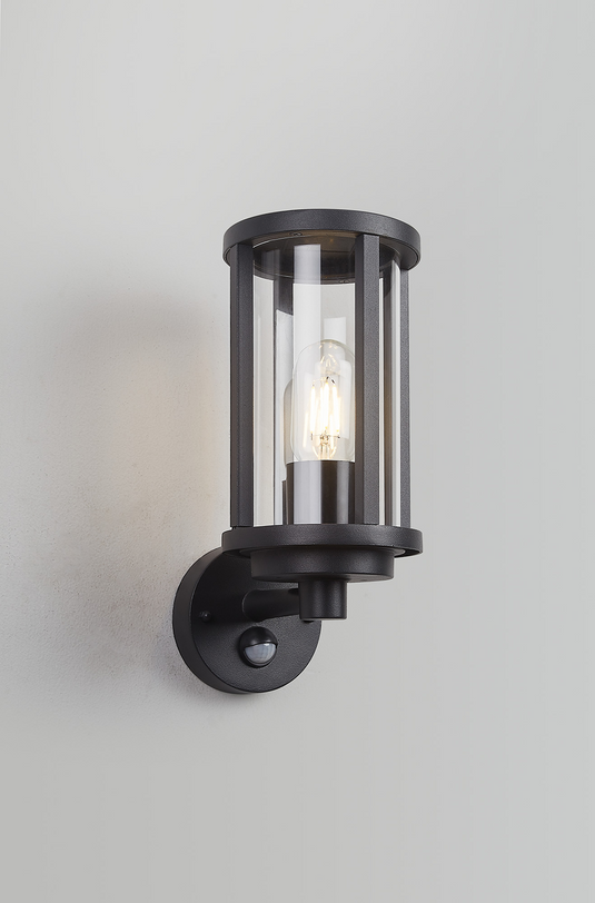 C-Lighting Zande Cylinder Wall Lamp With PIR Sensor, 1 x E27, IP44, Matt Black/Clear - 59745