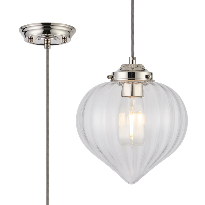 C-Lighting Capton Single Pendant With Flower Bud Shade 1 x E27, Polished Nickel/Grey Braided Cable/Clear - 59827