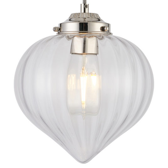 C-Lighting Capton Single Pendant With Flower Bud Shade 1 x E27, Polished Nickel/Grey Braided Cable/Clear - 59827