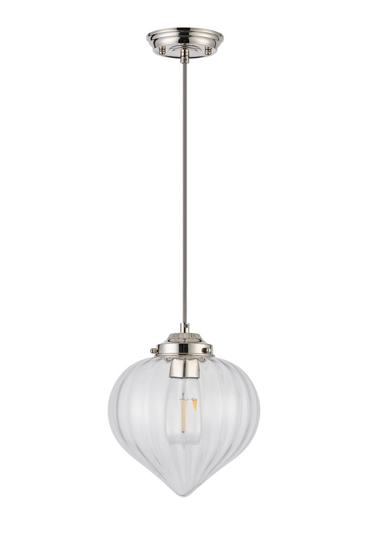 C-Lighting Capton Single Pendant With Flower Bud Shade 1 x E27, Polished Nickel/Grey Braided Cable/Clear - 59827