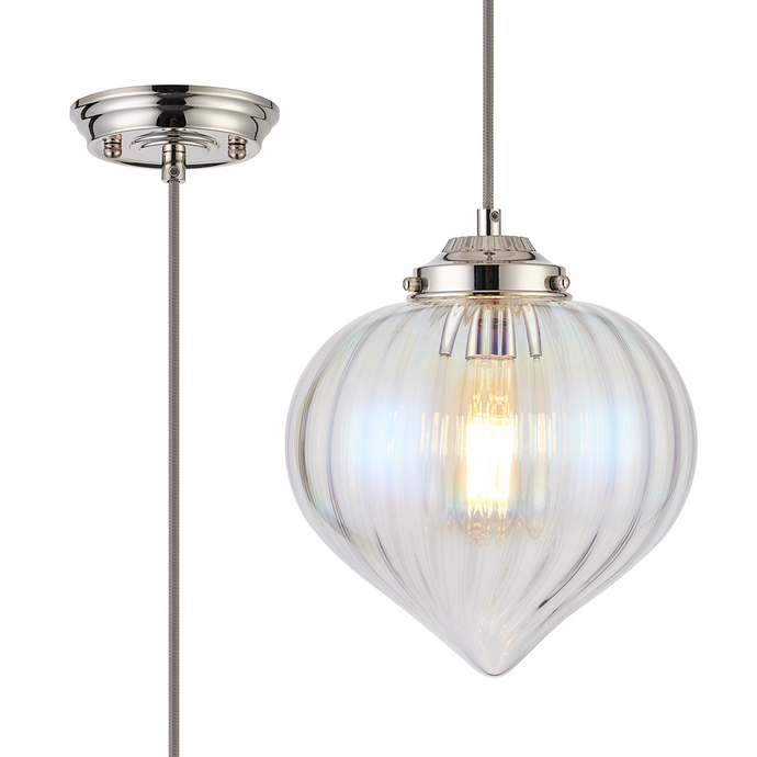 C-Lighting Capton Single Pendant With Flower Bud Shade 1 x E27, Polished Nickel/Grey Braided Cable/Iridescent Faded - 59828