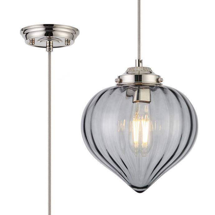 C-Lighting Capton Single Pendant With Flower Bud Shade 1 x E27, Polished Nickel/Grey Braided Cable/Smoke - 59829