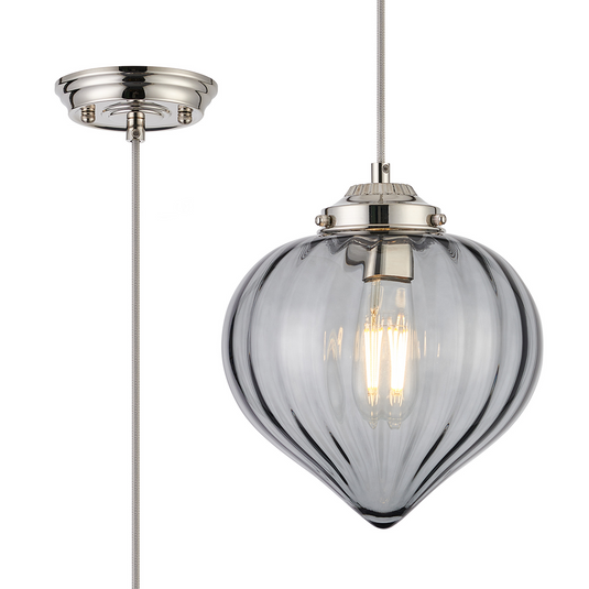 C-Lighting Capton Single Pendant With Flower Bud Shade 1 x E27, Polished Nickel/Grey Braided Cable/Smoke - 59829