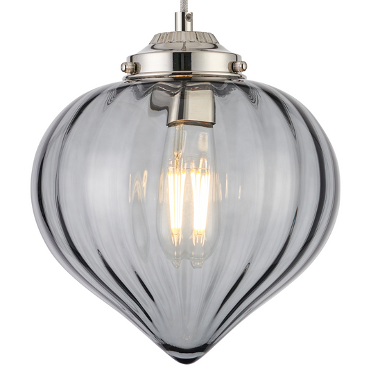C-Lighting Capton Single Pendant With Flower Bud Shade 1 x E27, Polished Nickel/Grey Braided Cable/Smoke - 59829
