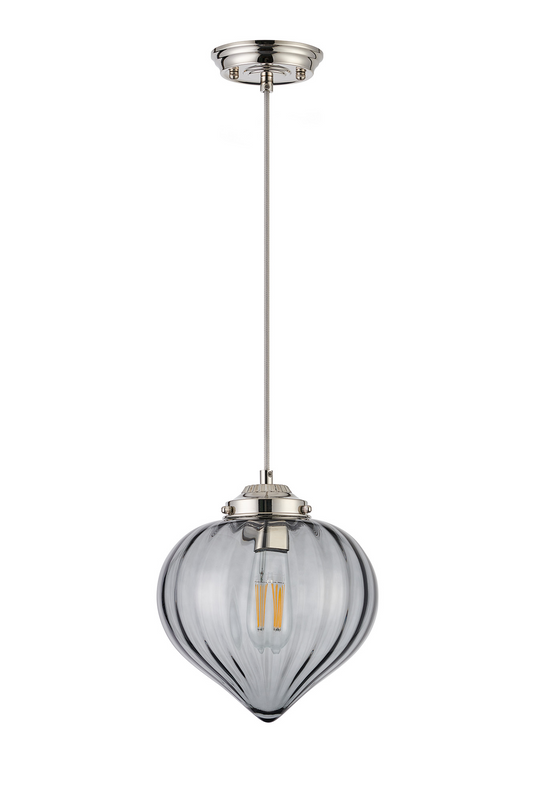 C-Lighting Capton Single Pendant With Flower Bud Shade 1 x E27, Polished Nickel/Grey Braided Cable/Smoke - 59829