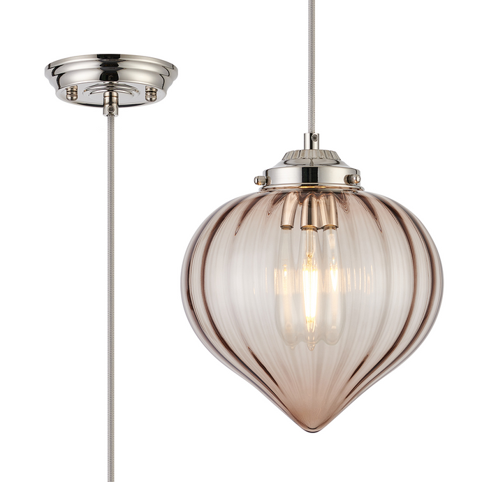 C-Lighting Capton Single Pendant With Flower Bud Shade 1 x E27, Polished Nickel/Grey Braided Cable/Cognac - 59830
