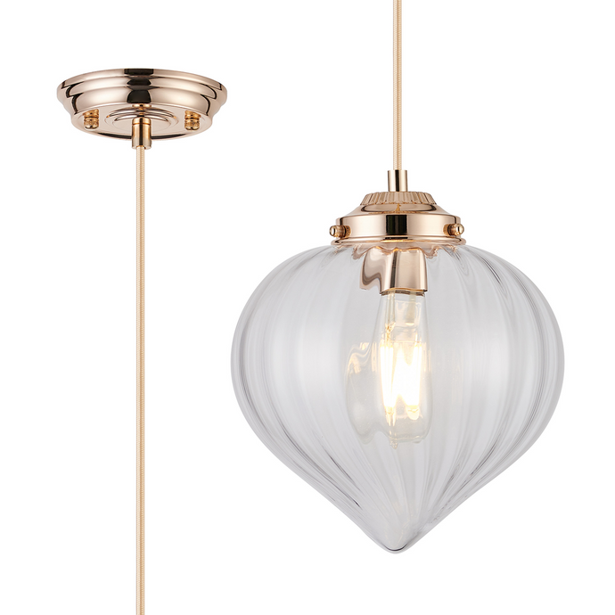 C-Lighting Capton Single Pendant With Flower Bud Shade 1 x E27, French Gold/Gold Braided Cable/Clear - 59839
