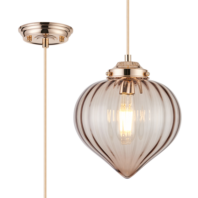 C-Lighting Capton Single Pendant With Flower Bud Shade 1 x E27, French Gold/Gold Braided Cable/Cognac - 59840