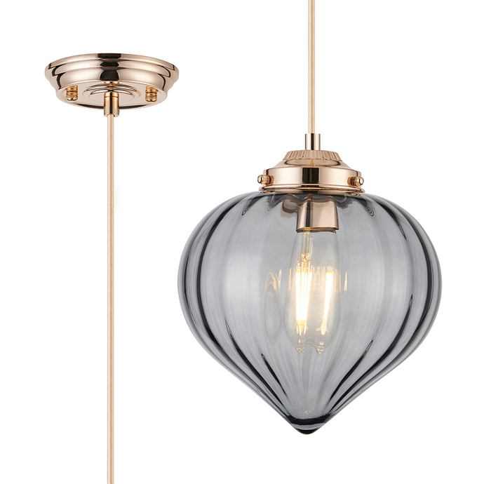 C-Lighting Capton Single Pendant With Flower Bud Shade 1 x E27, French Gold/Gold Braided Cable/Smoke - 59842