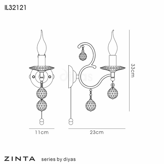 Diyas IL32121 Zinta Wall Lamp Switched 1 Light E14 Antique Brass/Crystal - 53456