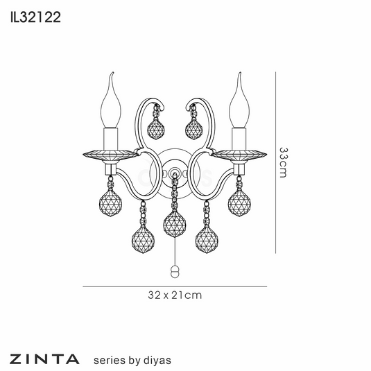 Diyas IL32122 Zinta Wall Lamp Switched 2 Light E14 Antique Brass/Crystal - 53457