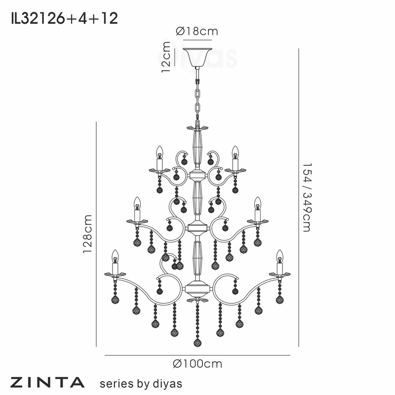 Load image into Gallery viewer, Diyas IL32126+4+12 Zinta Pendant 3 Tier 22 Light E14 Antique Brass/Crystal - 53460
