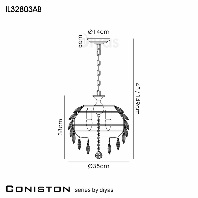 Load image into Gallery viewer, Diyas IL32803AB Coniston Pendant, 3 Light E14, Antique Brass/Crystal - 60696
