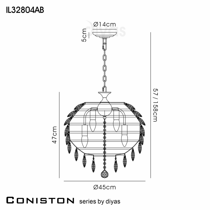 Load image into Gallery viewer, Diyas IL32804AB Coniston Pendant, 6 Light E14, Antique Brass/Crystal - 60949
