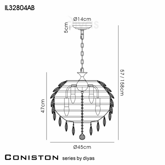 Diyas IL32804AB Coniston Pendant, 6 Light E14, Antique Brass/Crystal - 60949